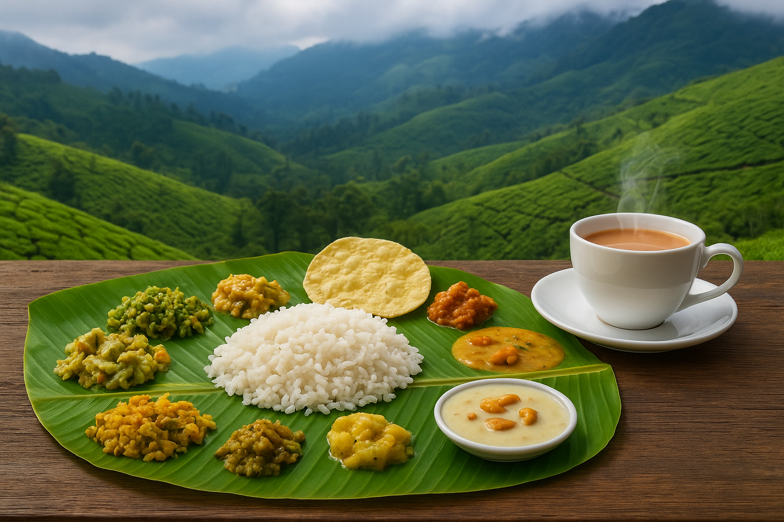 Traditional Kerala food on a banana leaf with Munnar tea and hill views – local delicacies guide by Maat Hotels
